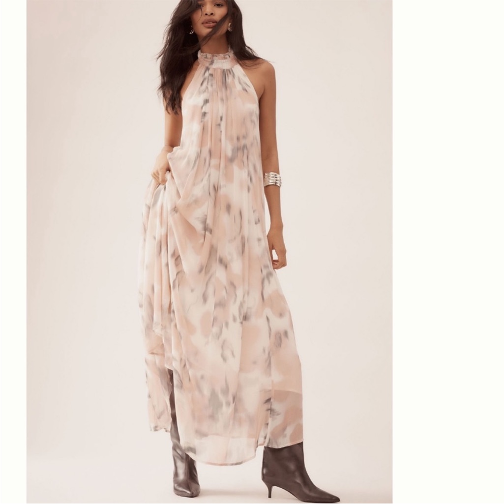 Anthropologie Blush And Gray Watercolor Halter Maxi Dress